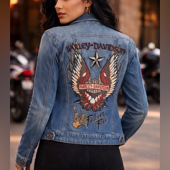 Harley-Davidson Jackets & Blazers - Harley-Davidson Vintage Denim Embroidered Jacket Womens Size L Eagle Studded